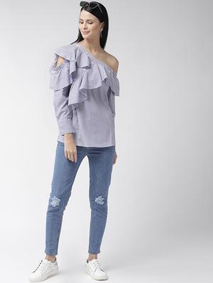 single shoulder ruffle detail striped top - 16642893 - Standard Image - 4