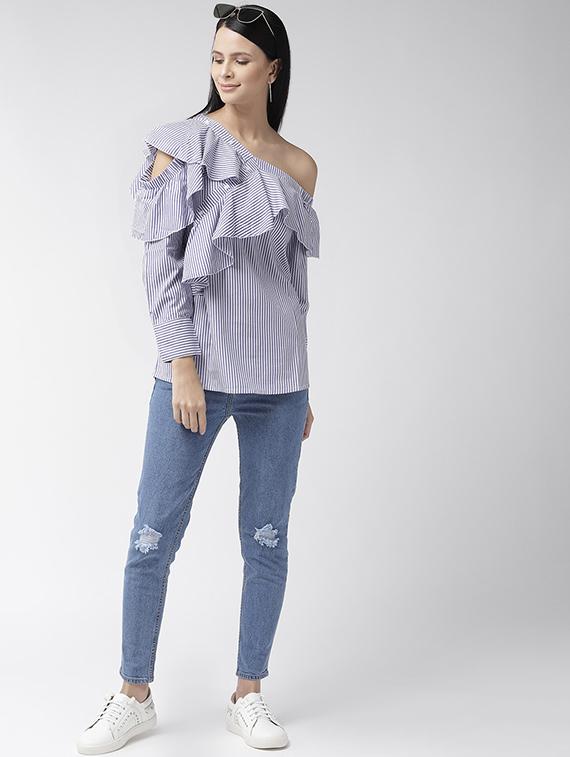 single shoulder ruffle detail striped top - 16642893 - Zoom Image - 4