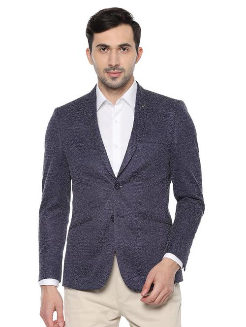navy blue self design single breasted casual blazer - 16643072 - Standard Image - 1