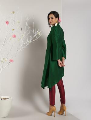 bottle green silk asymmetric kurta - 16651270 - Standard Image - 4
