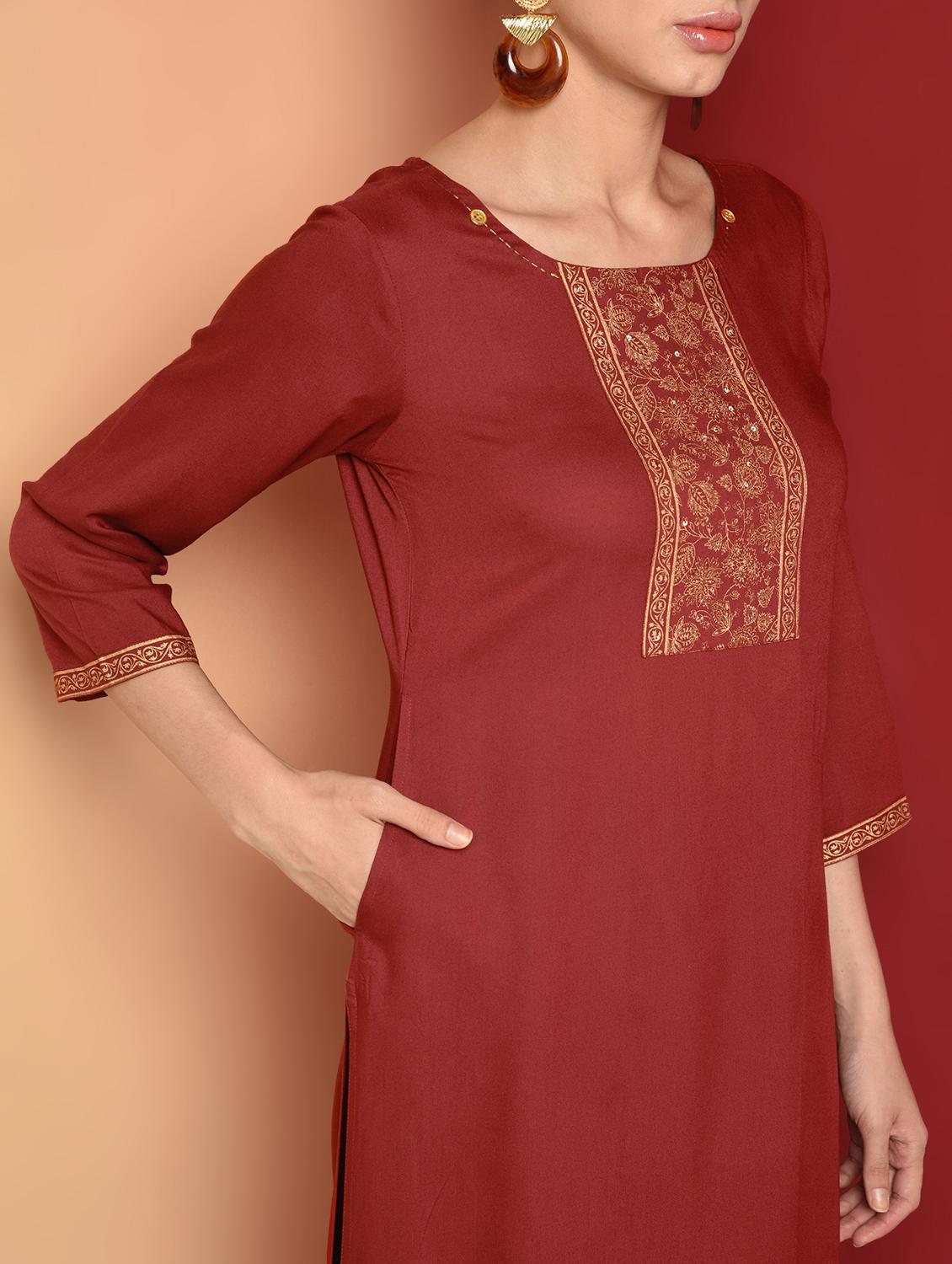 solid embroidered straight kurta - 16654280 - Zoom Image - 4