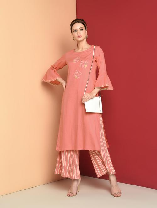 embroidered kurta with stripes palazzo set - 16657902 - Standard Image - 1
