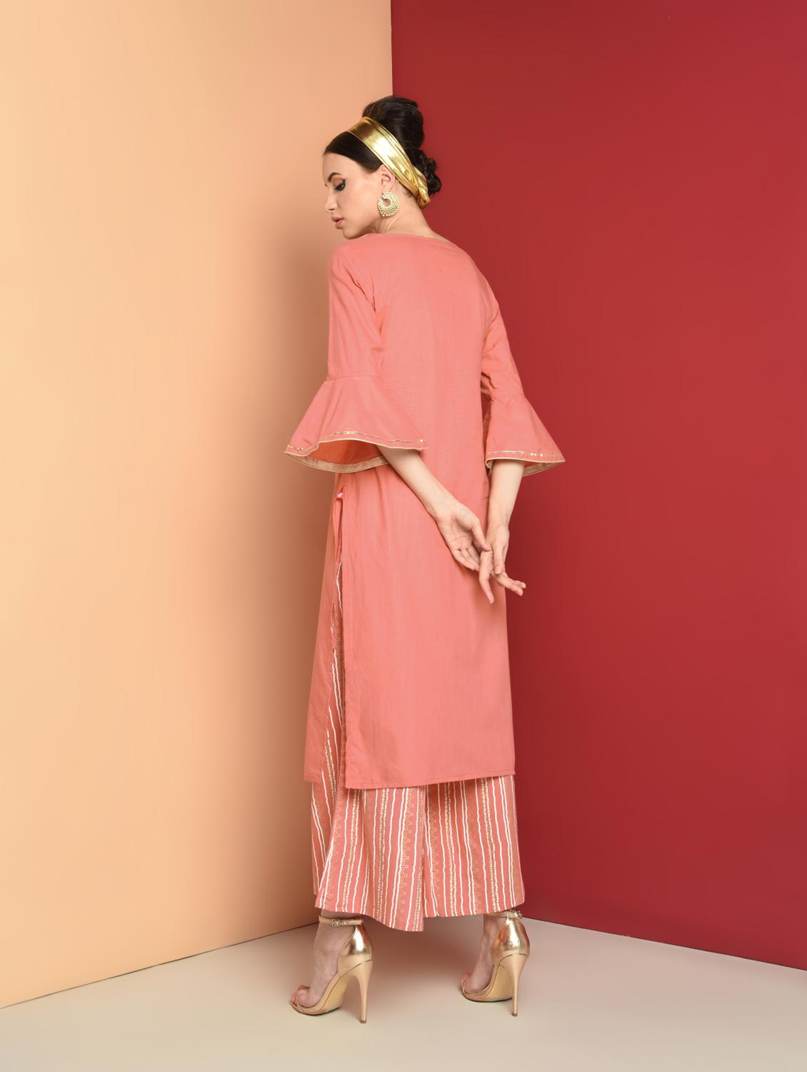 embroidered kurta with stripes palazzo set - 16657902 - Zoom Image - 4