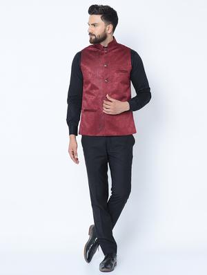 red silk blend self design nehru jacket - 16657994 - Standard Image - 4