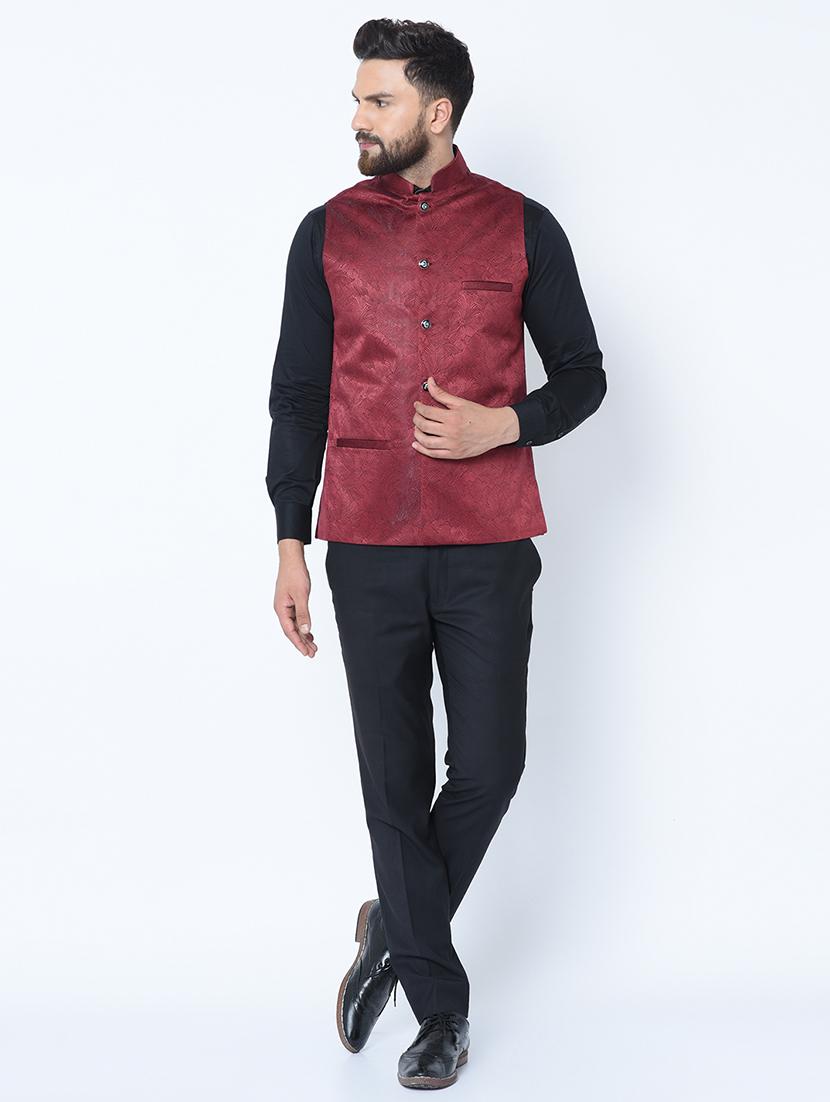red silk blend self design nehru jacket - 16657994 - Zoom Image - 4