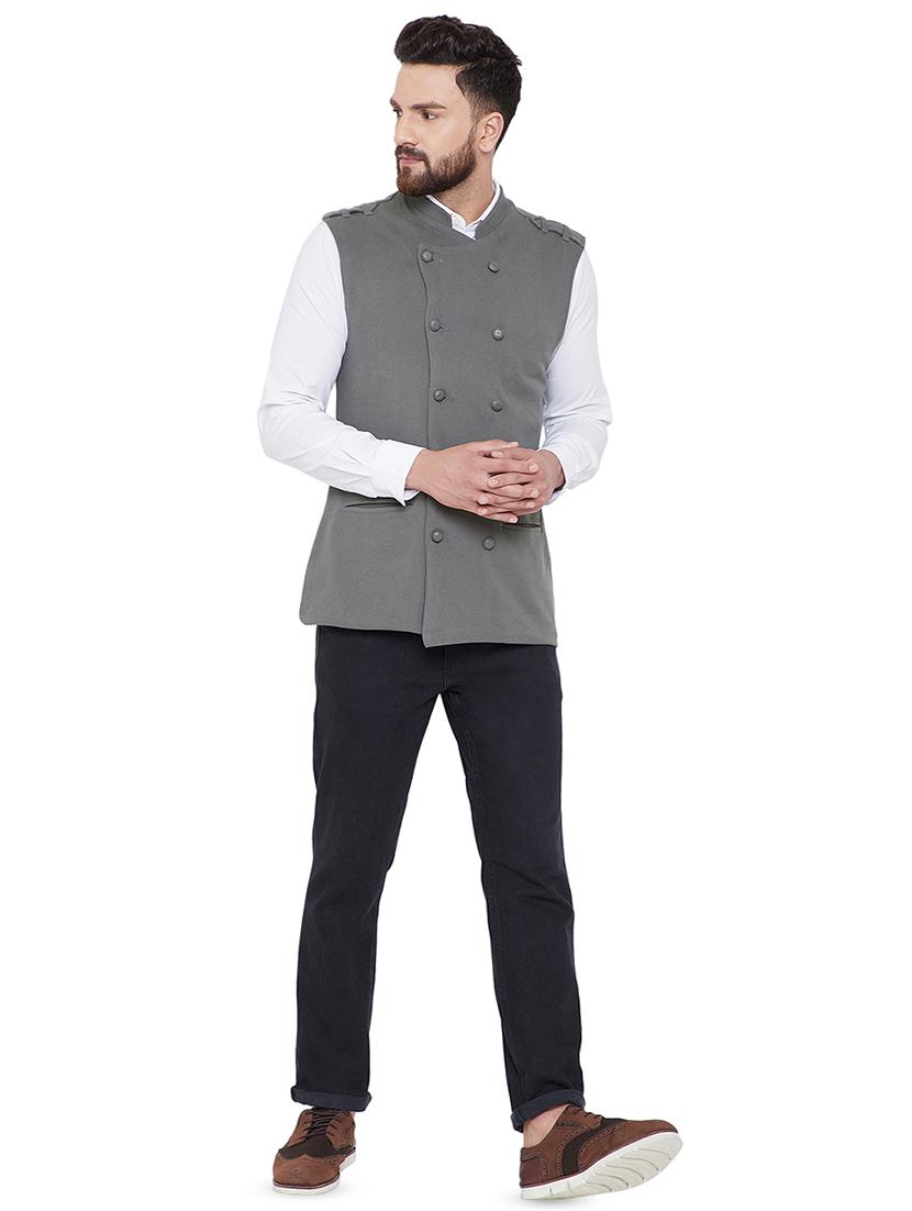 grey self design double breasted nehru jacket - 16659373 - Zoom Image - 4