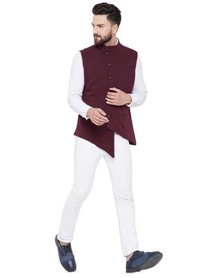 maroon solid nehru jacket - 16659380 - Standard Image - 4