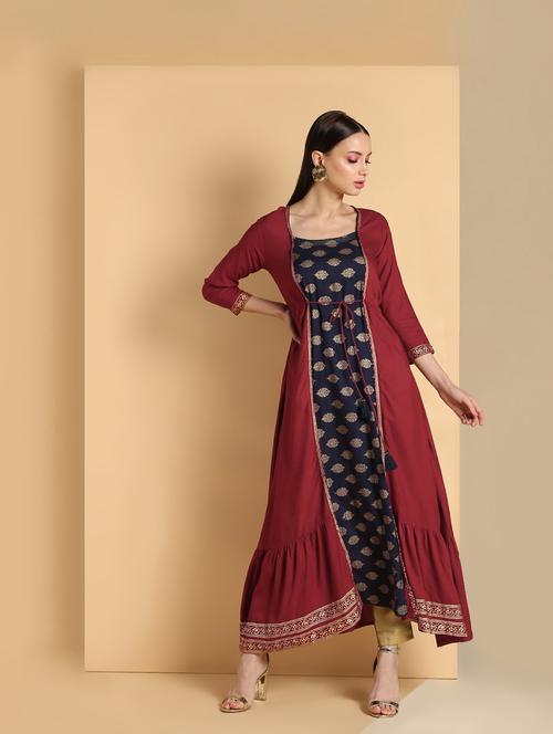 printed kurta with jacket - 16660357 - Standard Image - 1