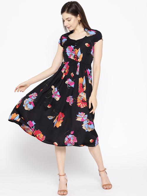 mandarin neck floral fit & flare dress - 16663620 - Standard Image - 1