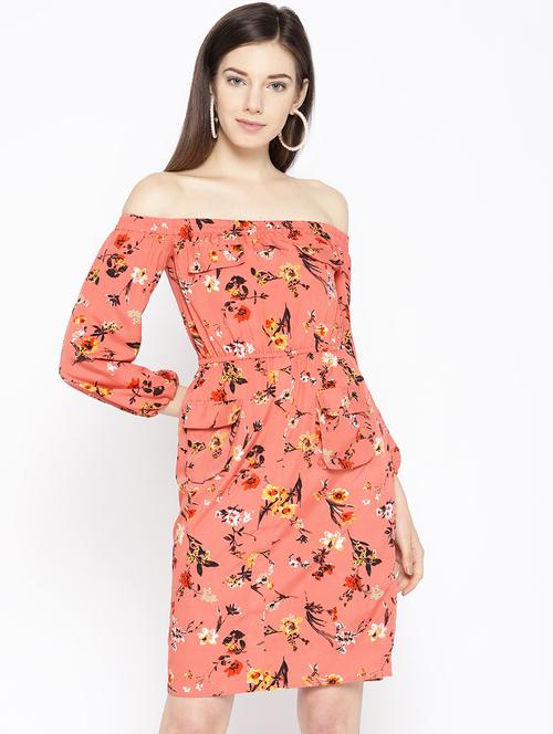 tie back floral off shoulder dress - 16663625 - Standard Image - 1