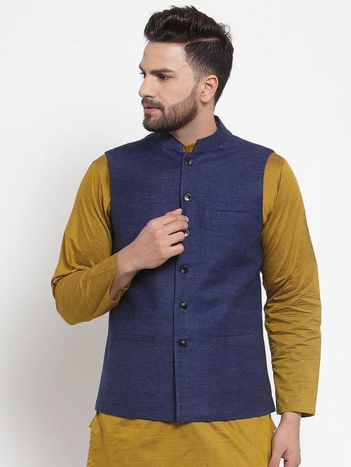 blue solid nehru jacket - 16665949 - Standard Image - 1