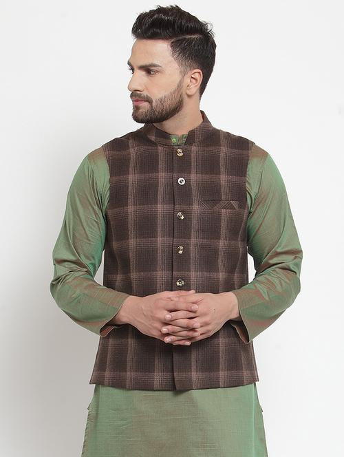 brown checkered nehru jacket - 16665954 - Standard Image - 1
