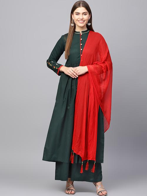 embroidered solid kurta with palazzo set - 16667077 - Standard Image - 1