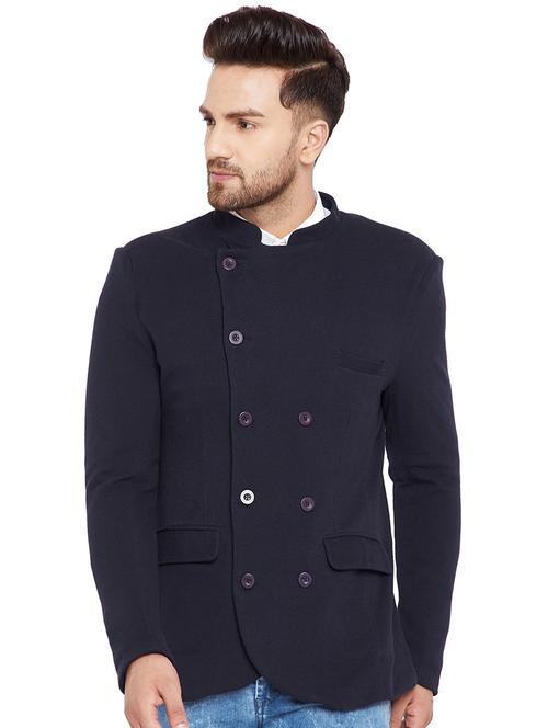 navy blue self design single breasted casual blazer - 16667546 - Standard Image - 1