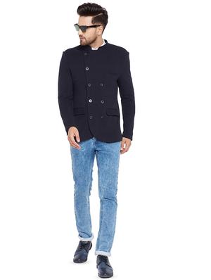 navy blue self design single breasted casual blazer - 16667546 - Standard Image - 4