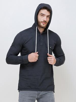 grey solid denim casual hooded shirt - 16672999 - Standard Image - 4
