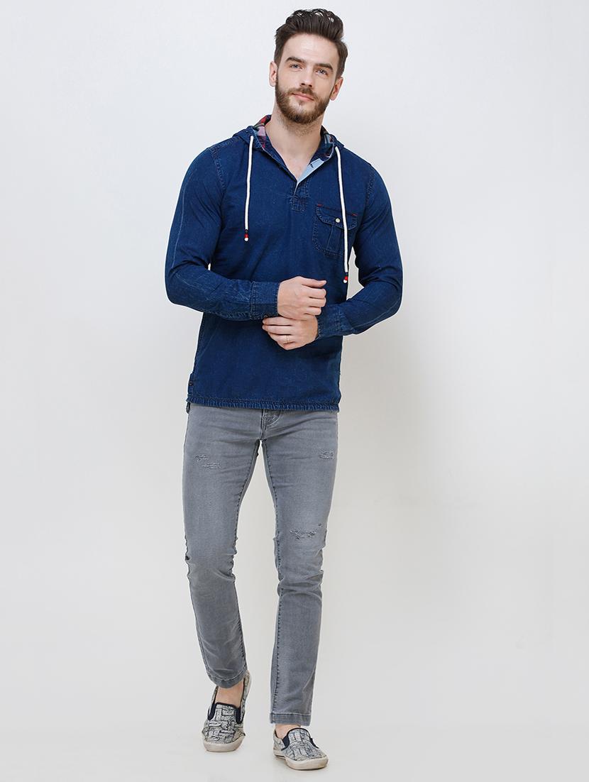 blue solid denim casual hooded shirt - 16673000 - Zoom Image - 4