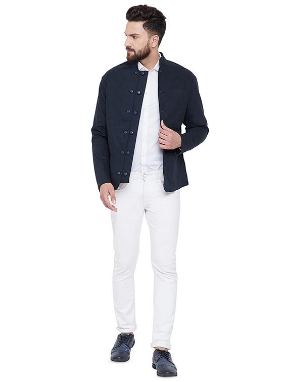 navy blue solid single breasted casual blazer - 16673705 - Zoom Image - 4
