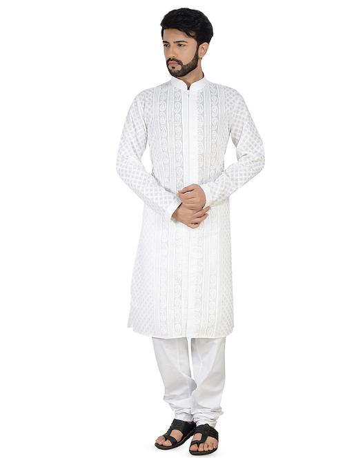 white embroidered kurta pyjama set - 16674698 - Standard Image - 1