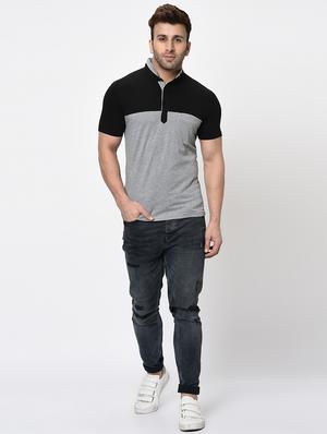grey color block cut & sew collared t-shirt - 16674874 - Standard Image - 4