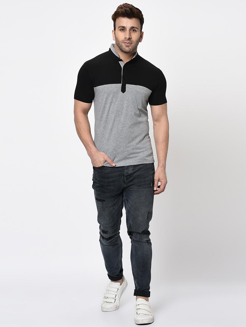 grey color block cut & sew collared t-shirt - 16674874 - Zoom Image - 4