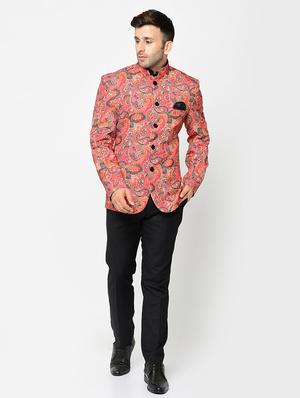 orange paisley printed bandhgala blazer - 16675090 - Standard Image - 4