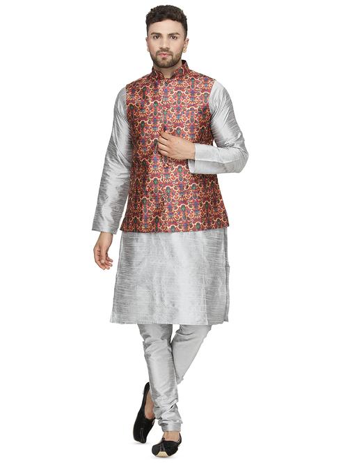 grey solid kurta pyjama set with nehru jacket - 16675096 - Standard Image - 1
