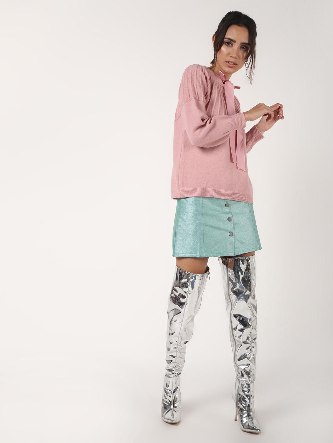 tie up neck solid wool pullover - 16680306 - Zoom Image - 4