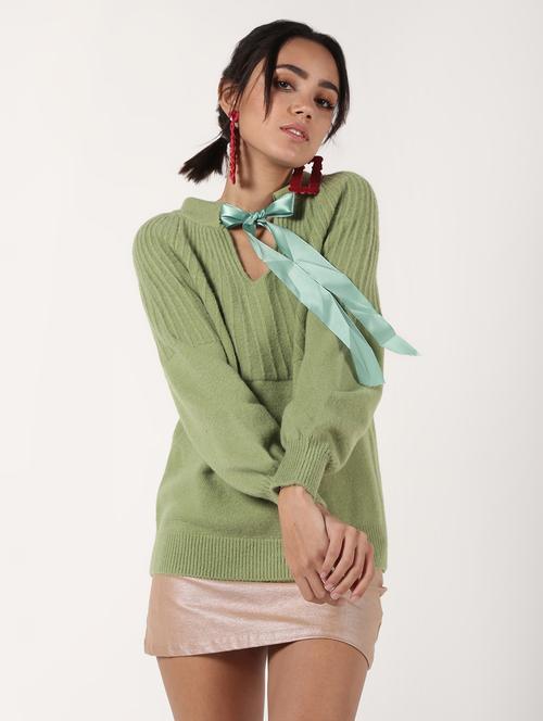 tie up neck ribbed detail wool pullover - 16680316 - Standard Image - 1