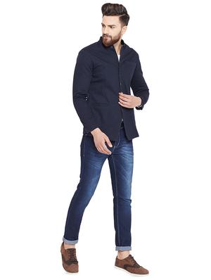 navy blue solid casual jacket - 16682944 - Standard Image - 4