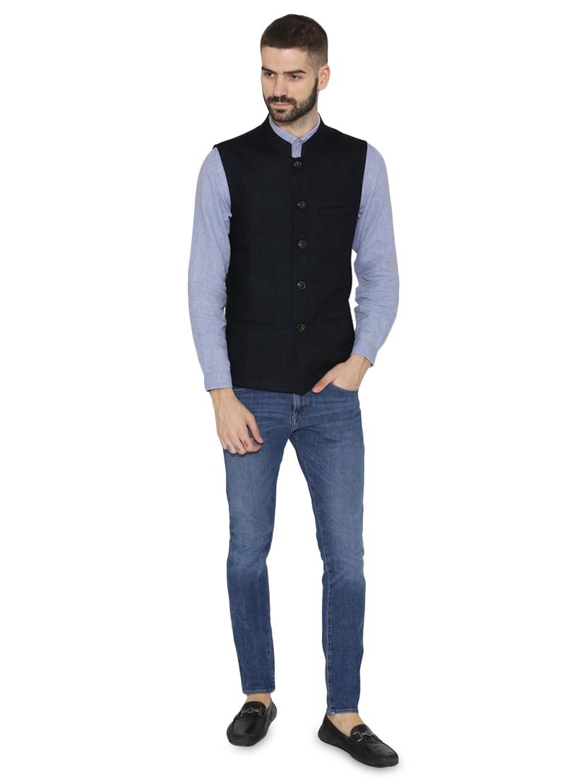 navy blue solid nehru jacket - 16699622 - Zoom Image - 4