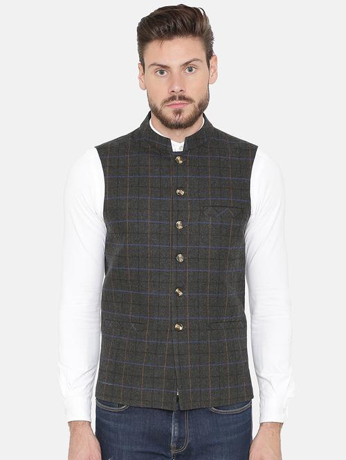 grey checkered nehru jacket - 16699633 - Standard Image - 1