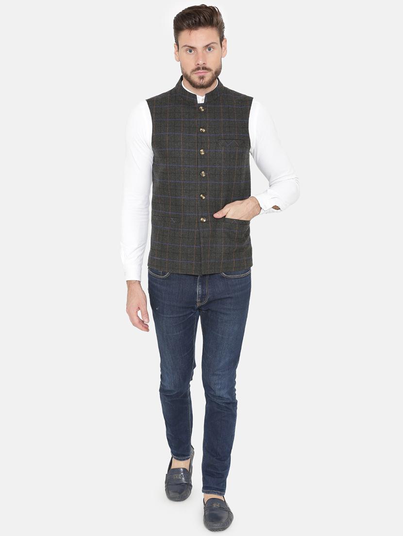 grey checkered nehru jacket - 16699633 - Zoom Image - 4
