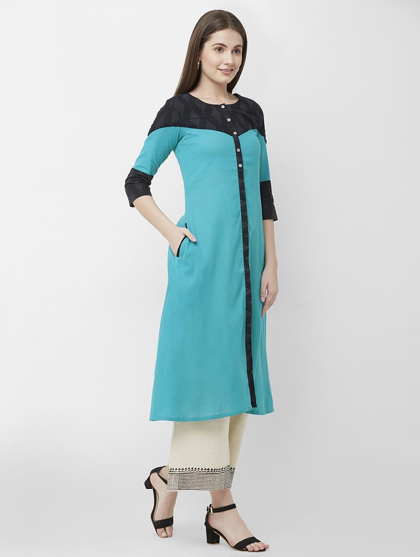 turquoise a-line kurta - 16699798 - Zoom Image - 4