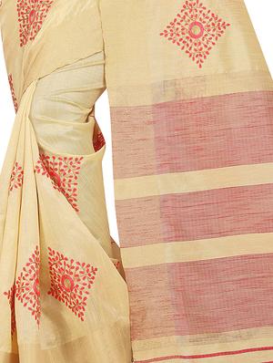 cream cotton embroidered saree with blouse - 16700684 - Standard Image - 4