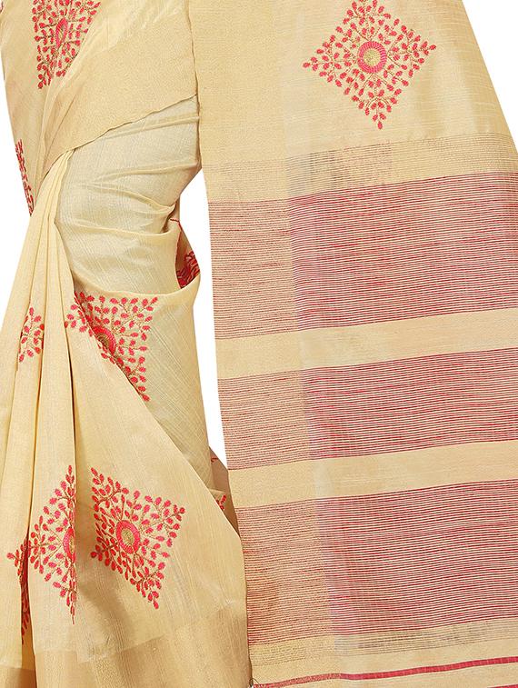 cream cotton embroidered saree with blouse - 16700684 - Zoom Image - 4