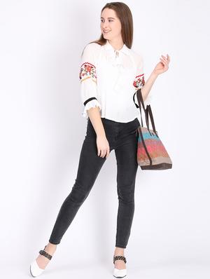 tie up neck embroidered detail top - 16701420 - Standard Image - 4