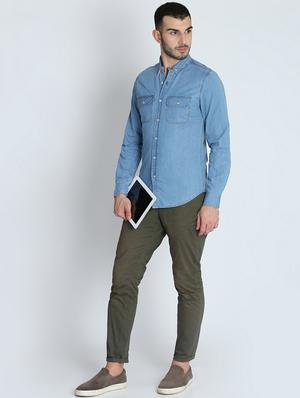 blue solid denim casual shirt - 16702012 - Standard Image - 4
