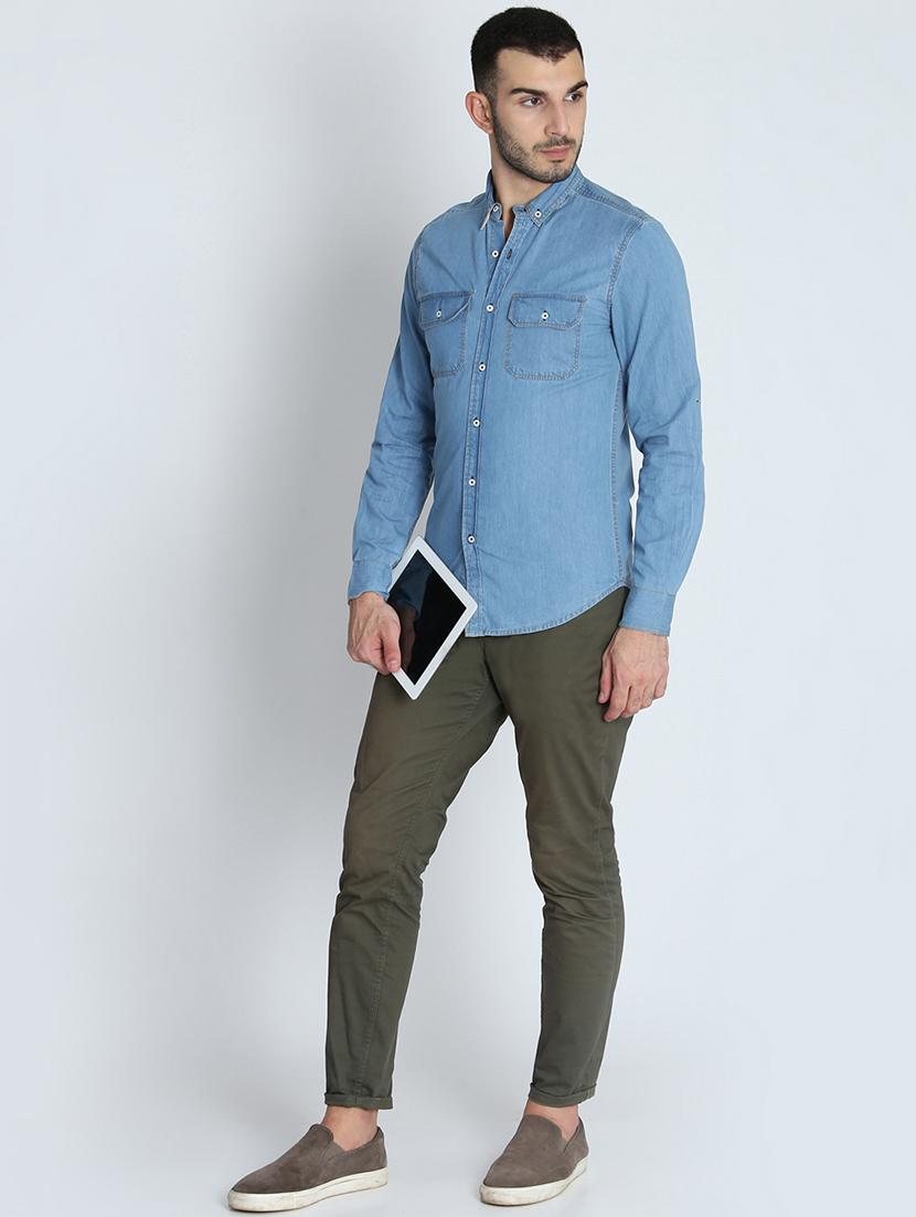 blue solid denim casual shirt - 16702012 - Zoom Image - 4