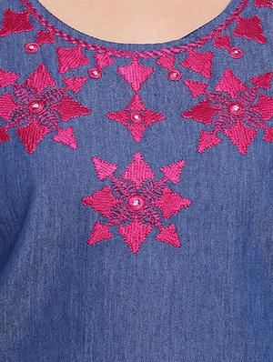 embroidered denim straight kurta - 16702755 - Standard Image - 4