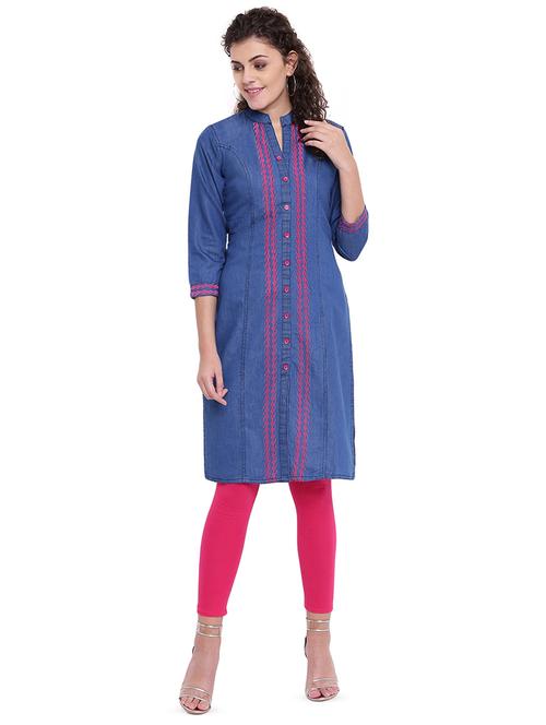 embroidered denim straight kurta - 16702757 - Standard Image - 1