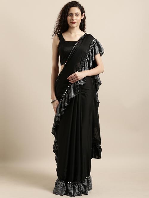 solid fusion ruffled saree with blouse - 16711648 - Standard Image - 1