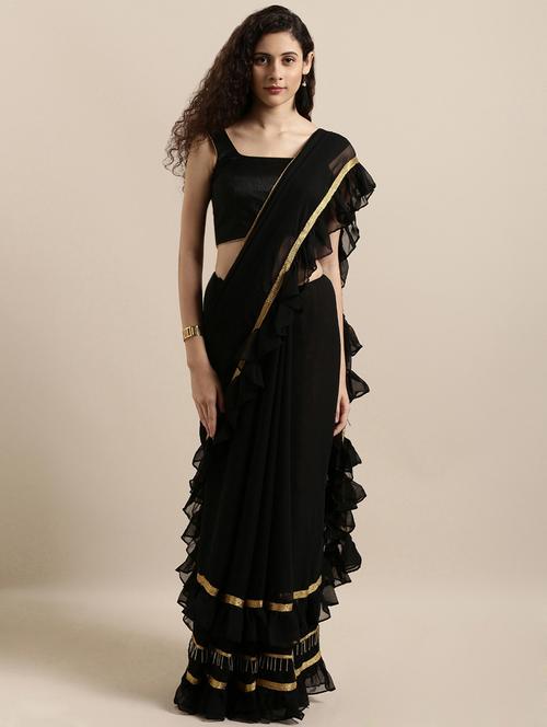 solid fusion ruffled saree with blouse - 16711650 - Standard Image - 1