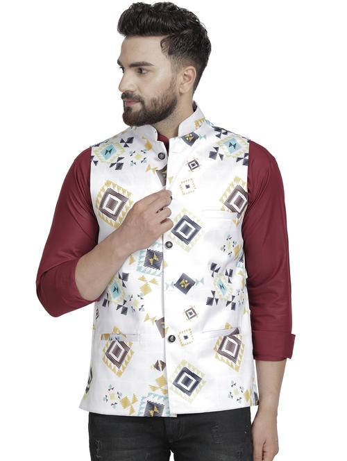 white printed nehru jacket - 16712161 - Standard Image - 1