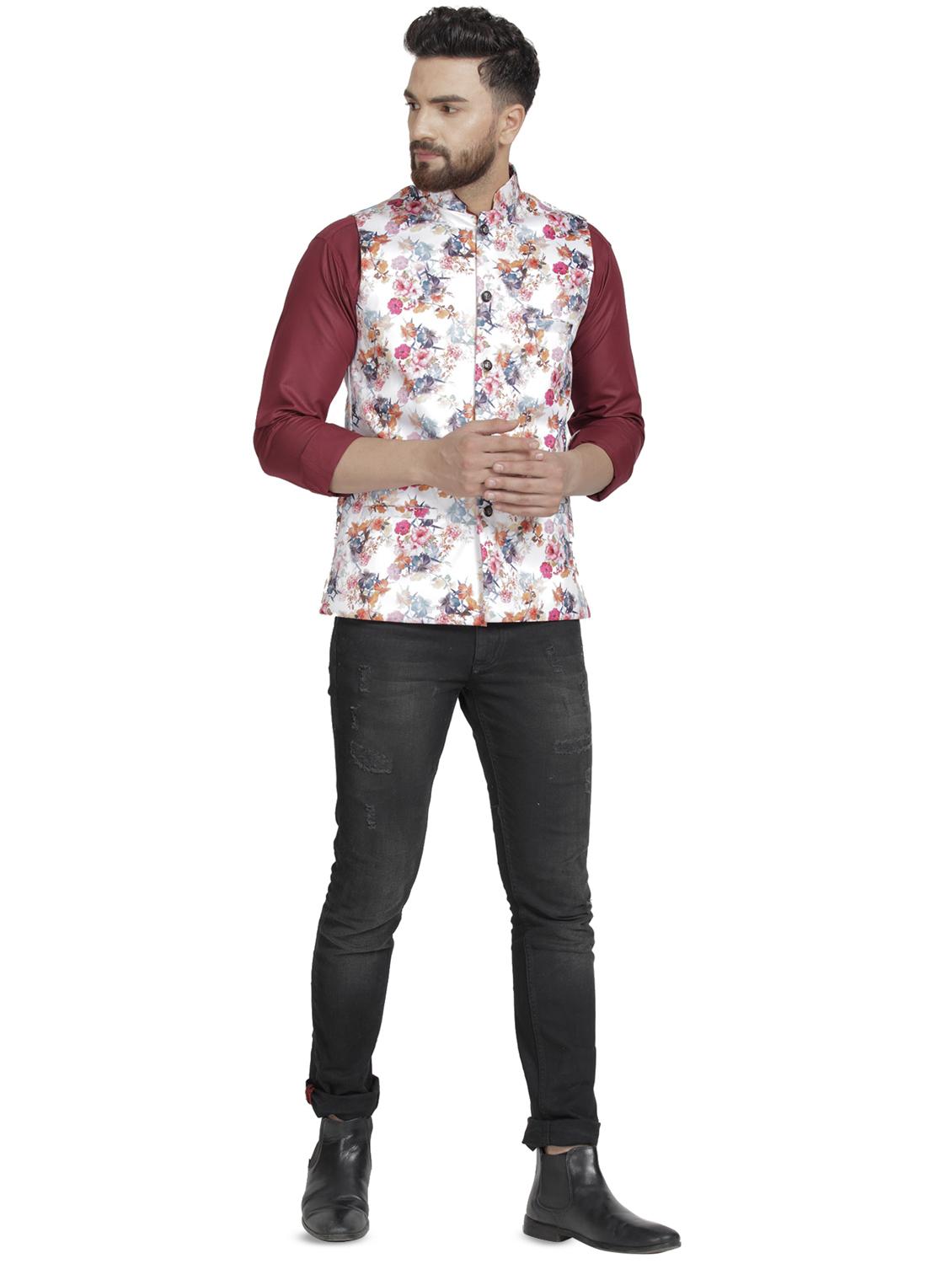white floral printed nehru jacket - 16712162 - Zoom Image - 4