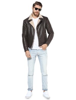 brown solid 100% lamb leather jacket - 16713625 - Standard Image - 4
