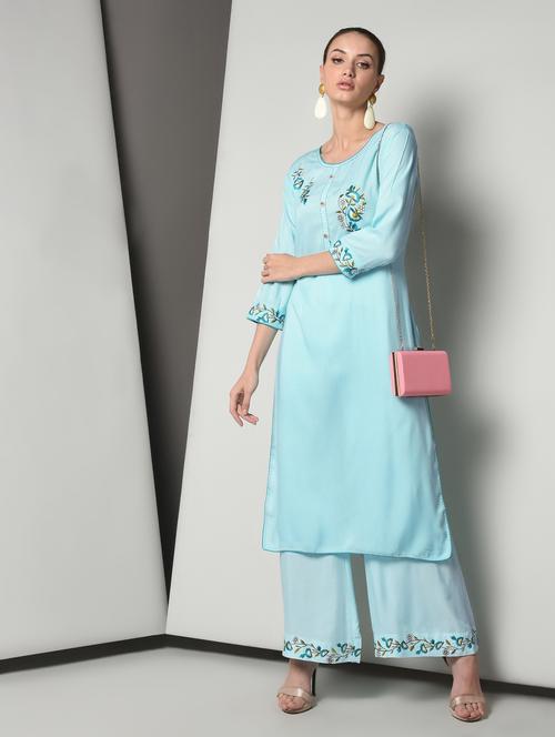 turquoise rayon kurta palazzo set - 16714195 - Standard Image - 1