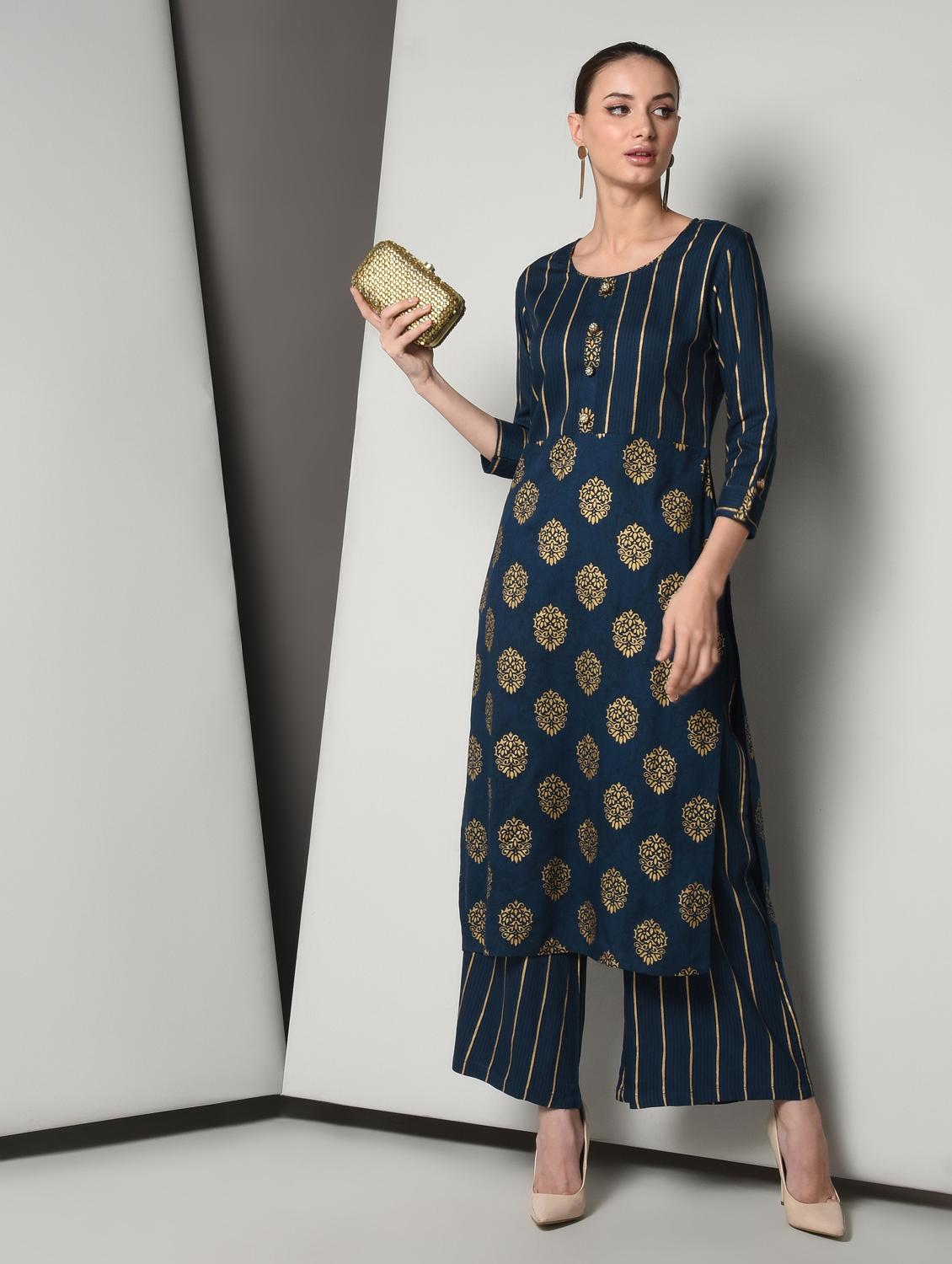 gold print kurta palazzo set - 16714196 - Zoom Image - 4
