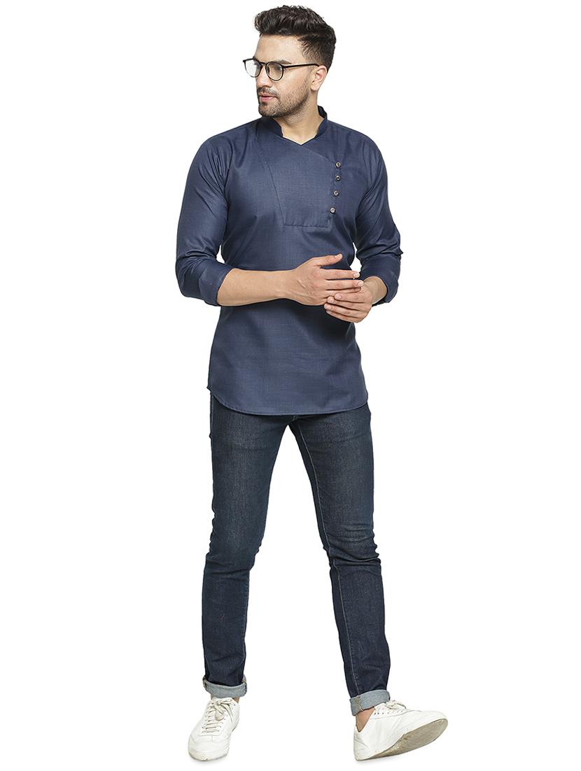 navy blue solid short kurta - 16714872 - Zoom Image - 4