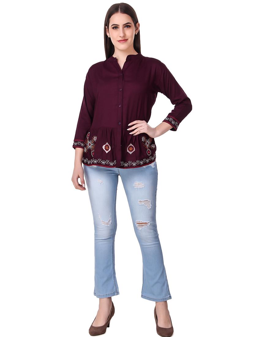 mandarin neck floral embroidered top - 16723058 - Zoom Image - 4